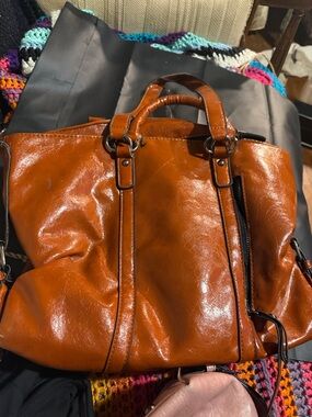 Shiny Cognac Faux Leather Tote Bag